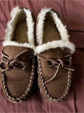 L.L. Bean Brown Suede Shearling-Lined Moccasin Slippers